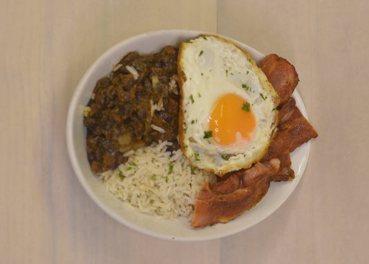 Rice, Beans, Fried egg and Bacon